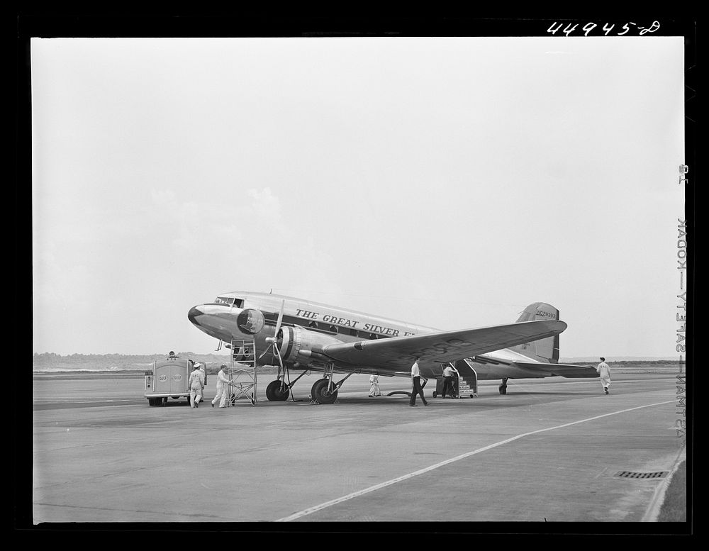 An airliner being readied for a take off. Municipal airport, Washington, D.C.. Sourced from the Library of Congress.