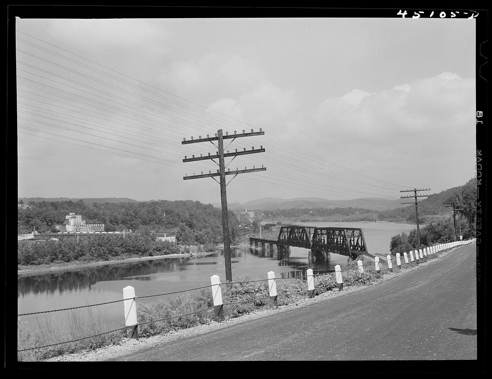 Highway on the New Hampshire side of the Connecticut River leading to Brattleboro, Vermont. Sourced from the Library of…