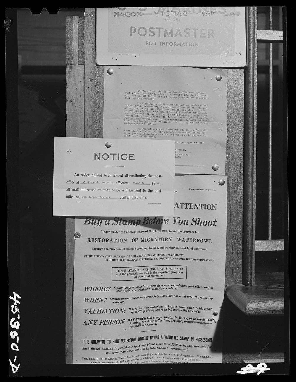 Notice of discontinuance of the post office in Sterlingville, New York, inside the Pine Camp expansion area. Sourced from…