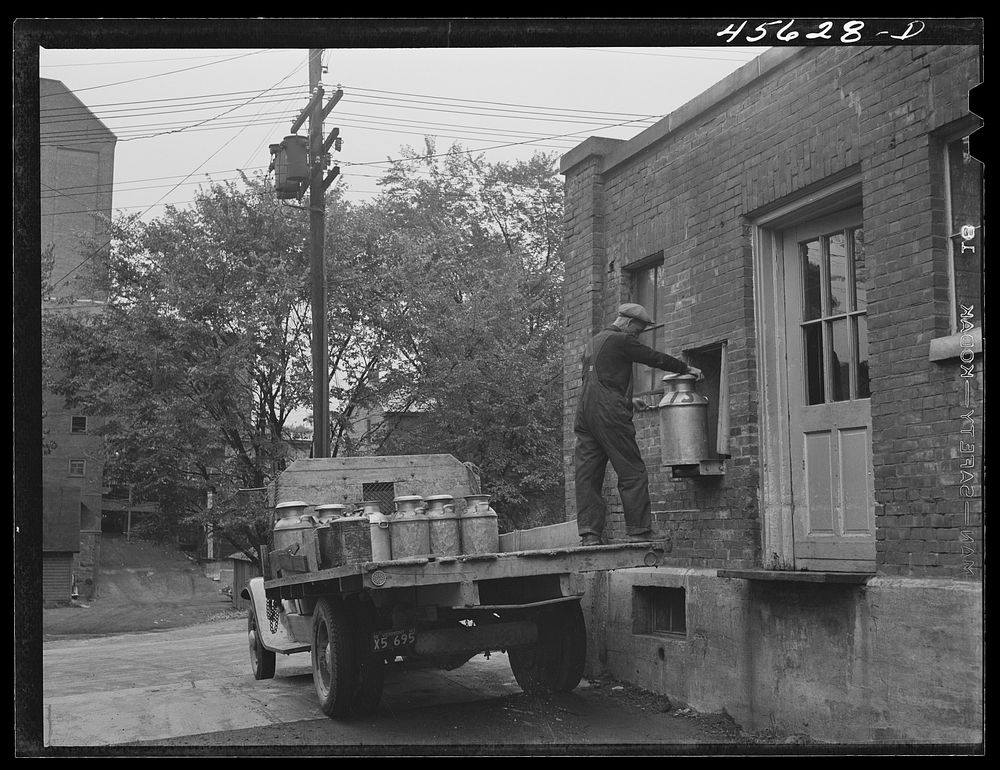 Farmer getting his empty milk cans back at the Burlington cooperative milk bottling plant. Burlington, Vermont. Sourced from…