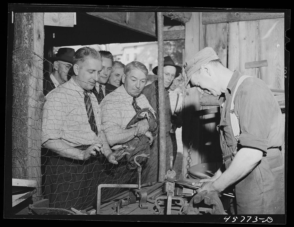 The smith shop in the antique building at the World's Fair in Tunbridge, Vermont. Sourced from the Library of Congress.