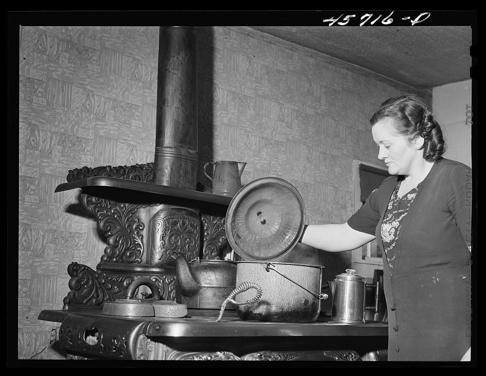 Mrs. W. Gaynor preparing dinner on their farm near Fairfield, Vermont. Sourced from the Library of Congress.