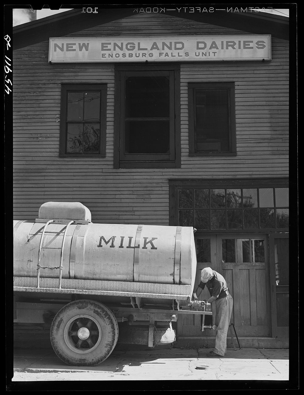 Milk truck in front of a creamery in Enosburg Falls, Vermont. Sourced from the Library of Congress.
