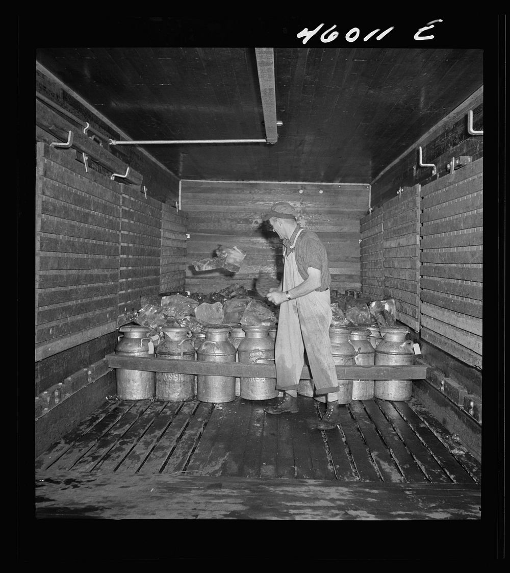 Shovelling ice into a railroad carload of milk at the United Farmers' Cooperative Creamery, Sheldon Springs, Vermont.…