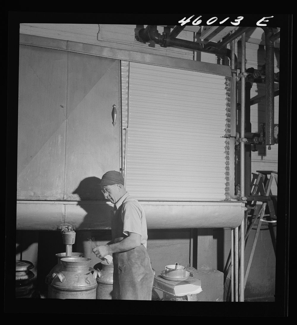Cooling unit for cream at the United Farmers' Cooperative Creamery in Sheldon Springs, Vermont. Sourced from the Library of…