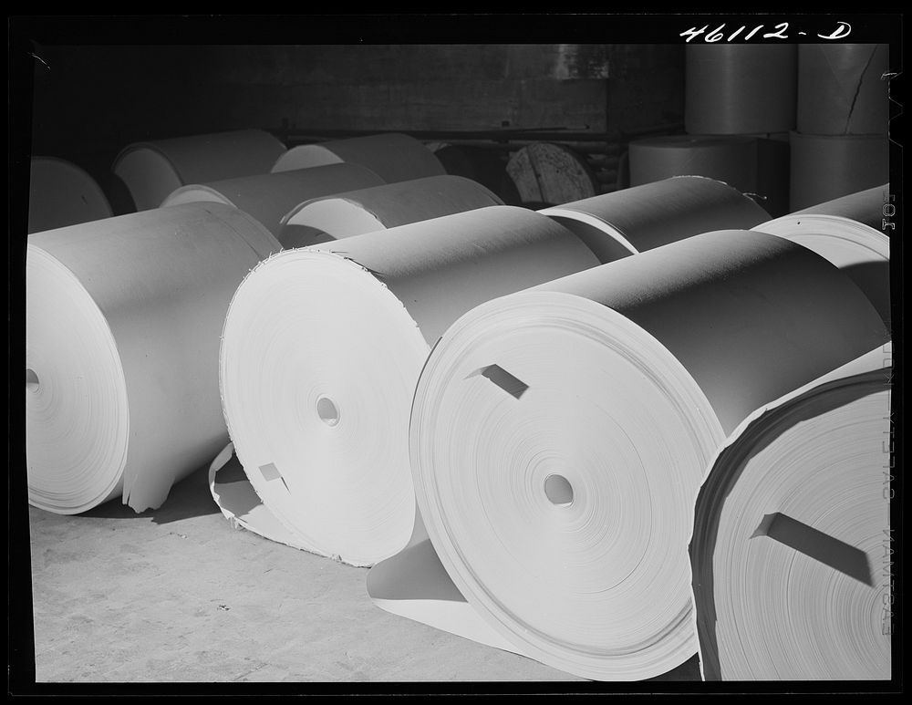 Sheldon Springs, Vermont paper as it comes off the rollers at the Mississquoi Corporation paper mill. Sourced from the…