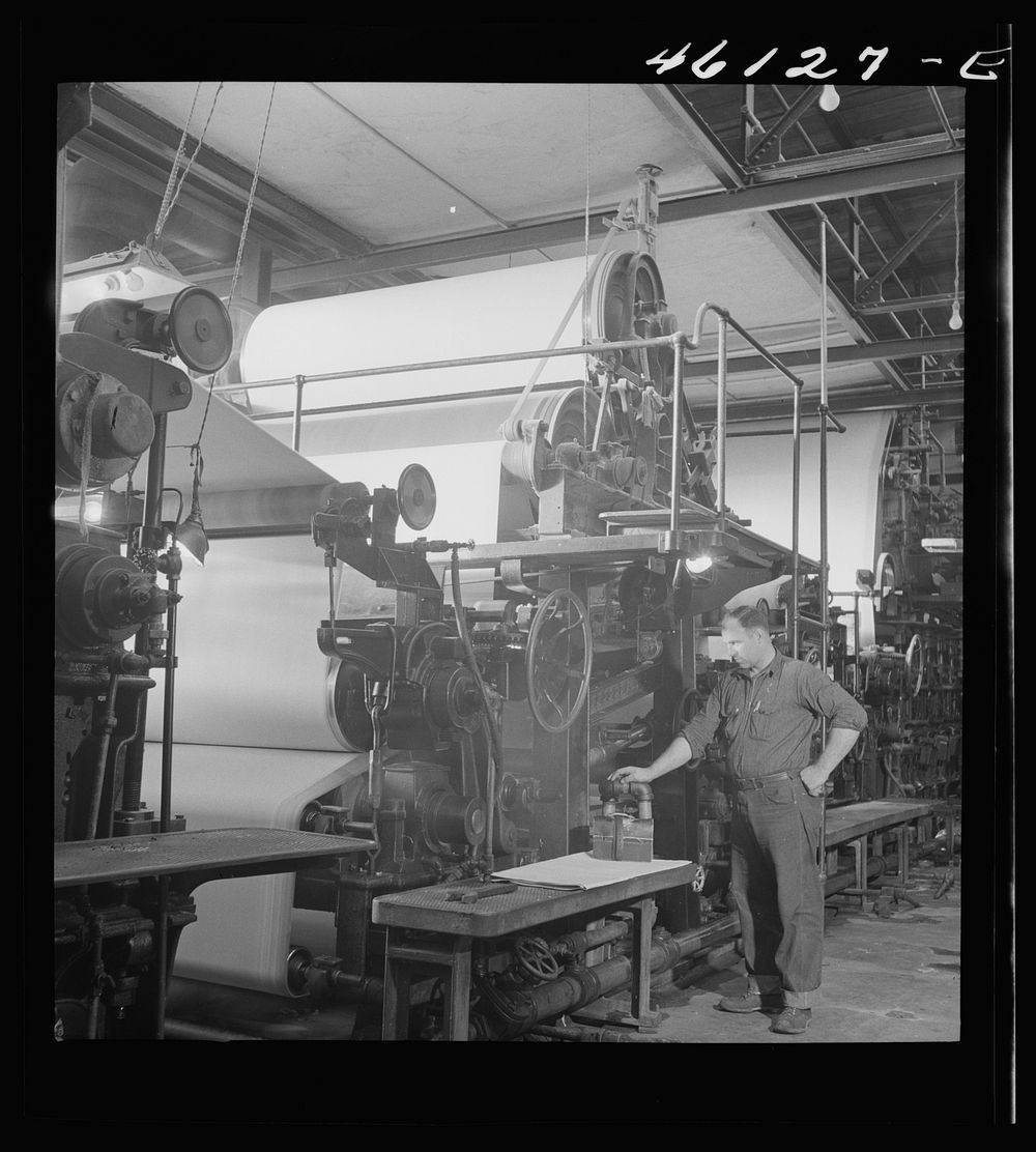 One of the rolling machines in the Mississquoi Corporation paper mill. Sheldon Springs, Vermont. Sourced from the Library of…