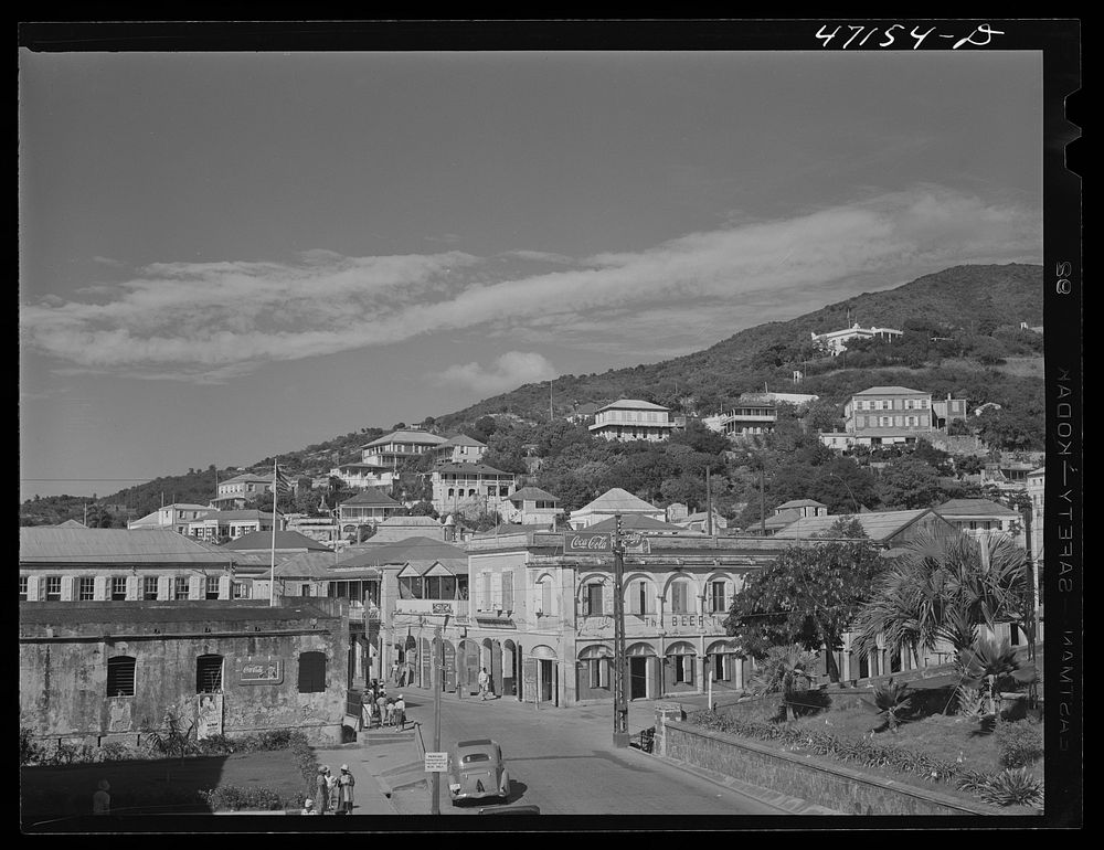 Charlotte Amalie, Saint Thomas Island, Virgin Islands. View down the main street from the Grand Hotel. Sourced from the…