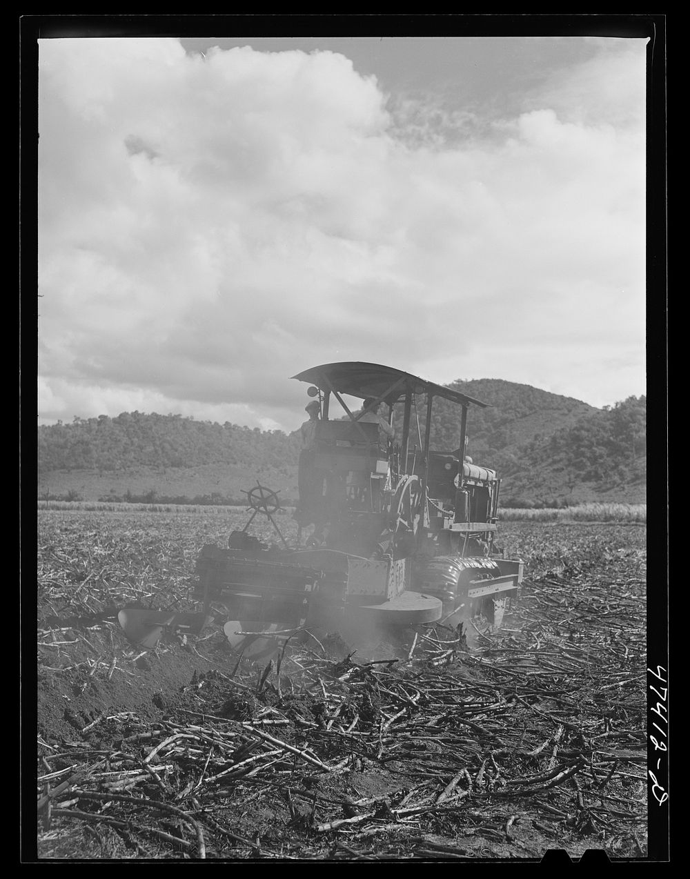 [Untitled photo, possibly related to: Guanica, Puerto Rico (vicinity). A "gyrotiller" plowing a sugar cane field]. Sourced…