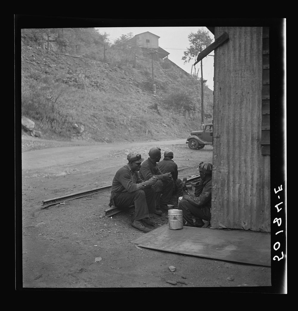 Coal miners after work. Capels, West Virginia. Sourced from the Library of Congress.