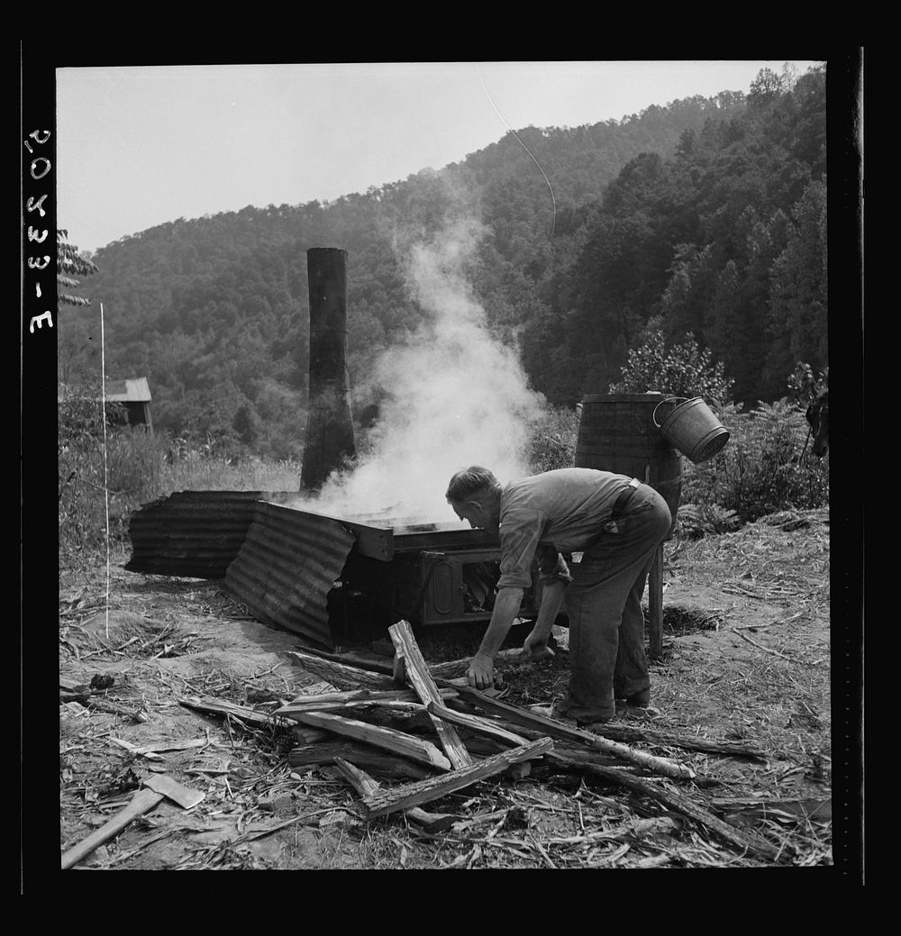 Firing the vat with wood which makes very hot fire for cooking sorghum. Racine, West Virginia. Sourced from the Library of…