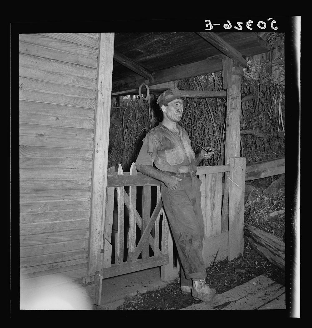 Coal miner (Italian) resting and smoking his pipe after coming home from work. "The Patch," Chaplin, West Virginia. Sourced…