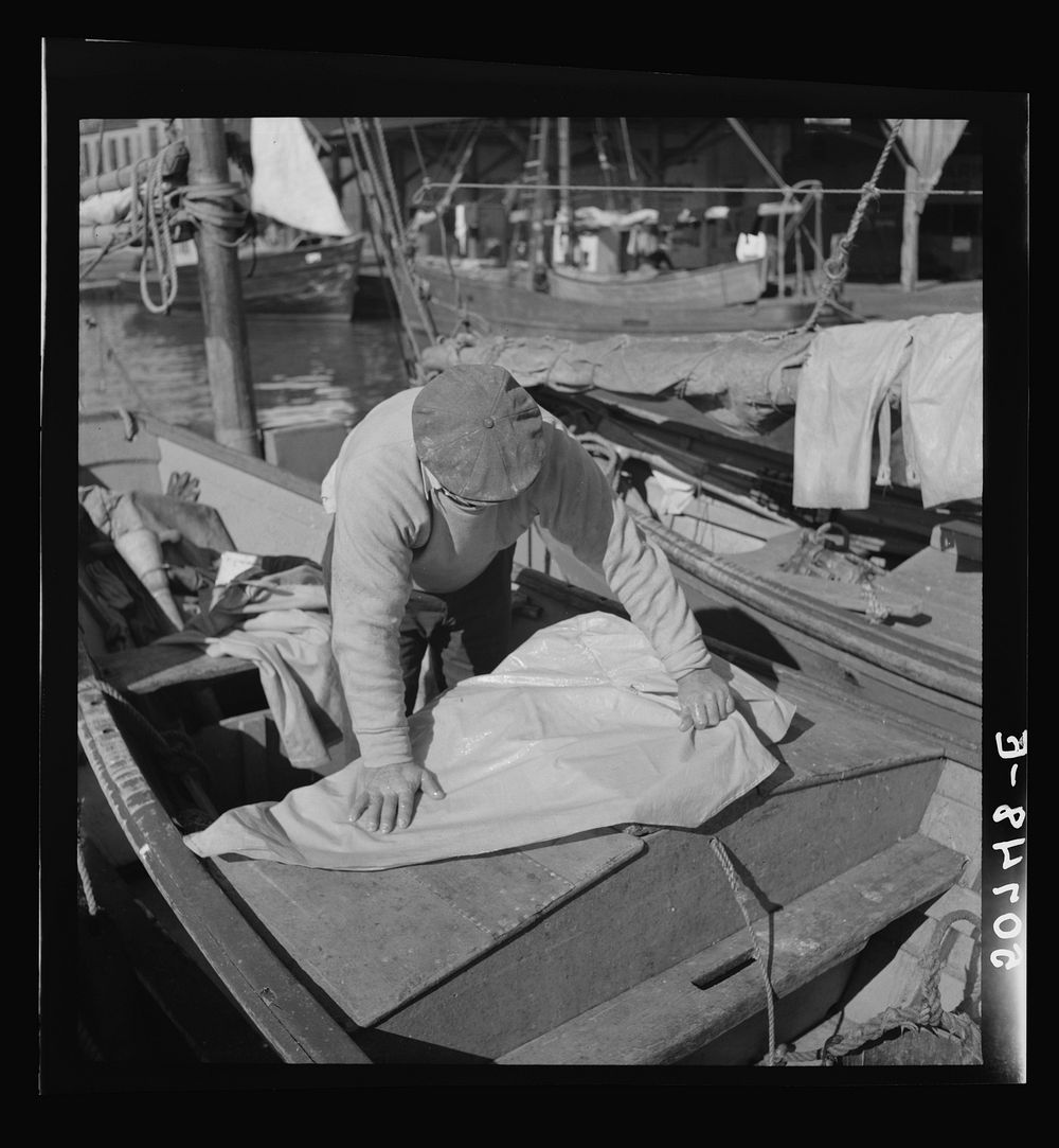 [Untitled photo, possibly related to: Fisherman oiling waterproof jackets and pants in boat. Christmas Day, Charleston…
