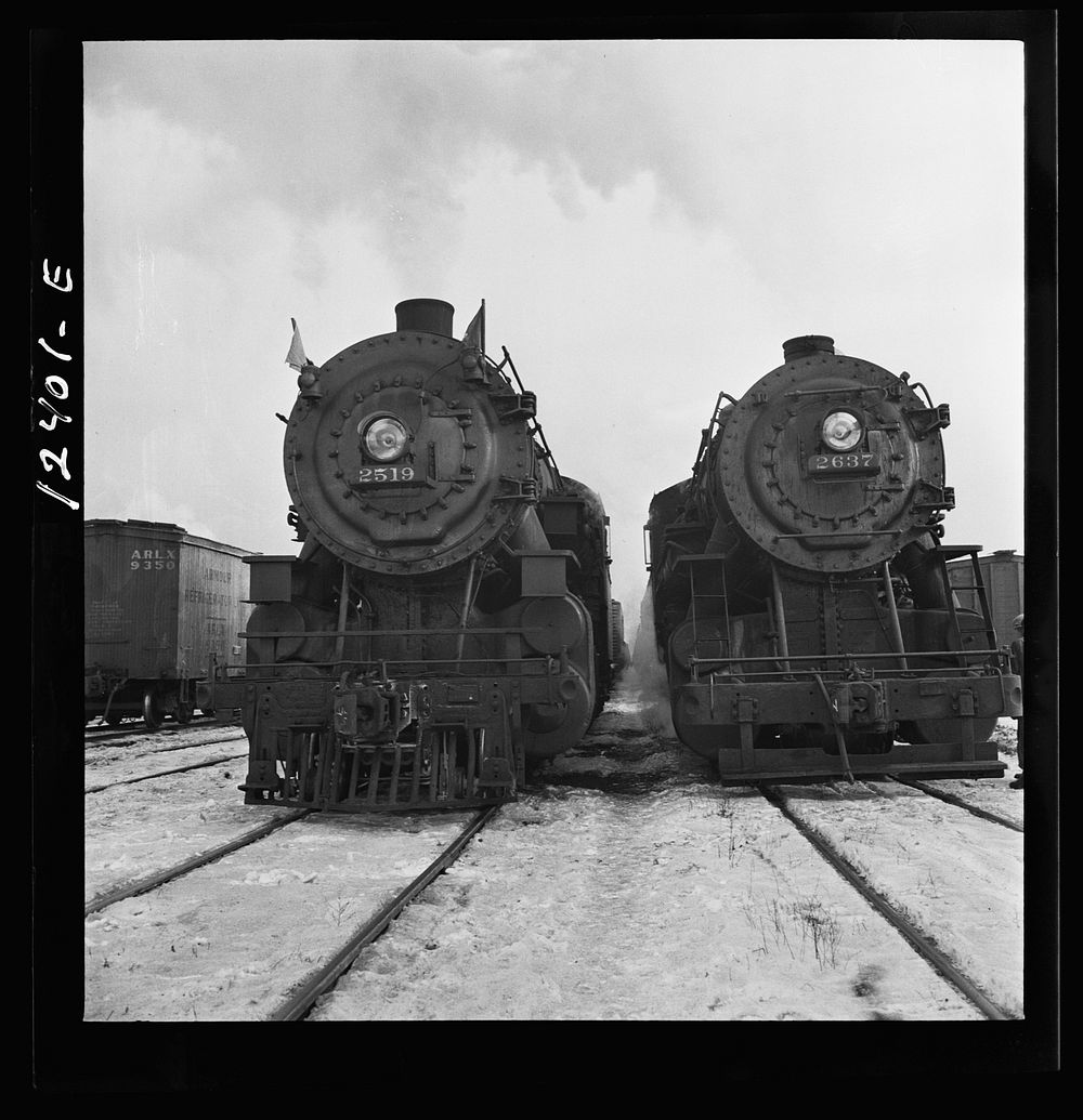 Chicago, Illinois. Locomotives in a Chicago and Northwestern Railroad departure yard about to leave for Clinton, Iowa.…