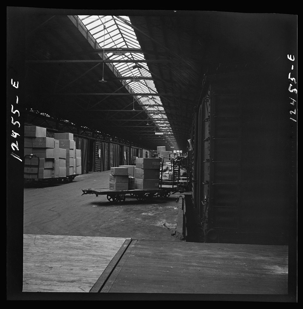 [Untitled photo, possibly related to: Chicago, Illinois. Goods of every description on loading platforms in a yard waiting…