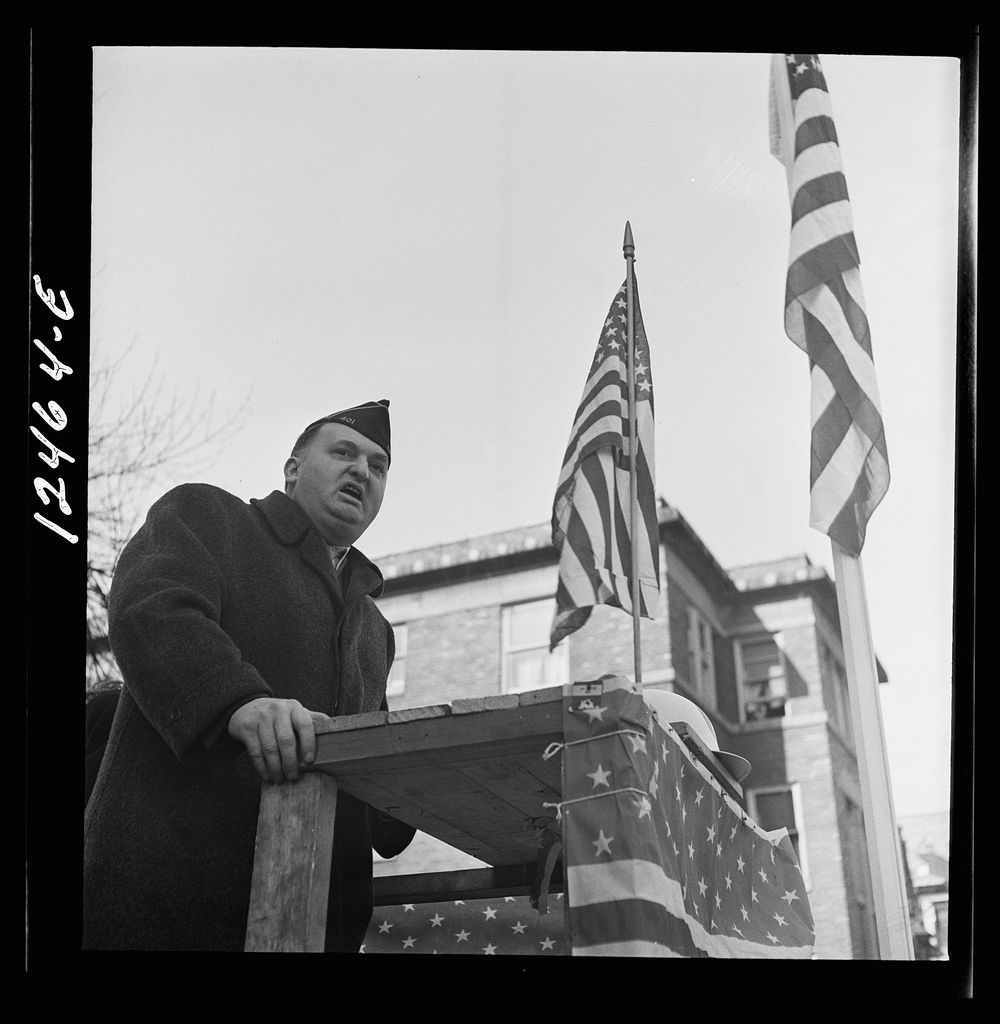 Chicago (north), Illinois. Mr. Richard J. Zarvertnik, 936 Sunnyside Street, addressing a group of his neighbors at a flag…