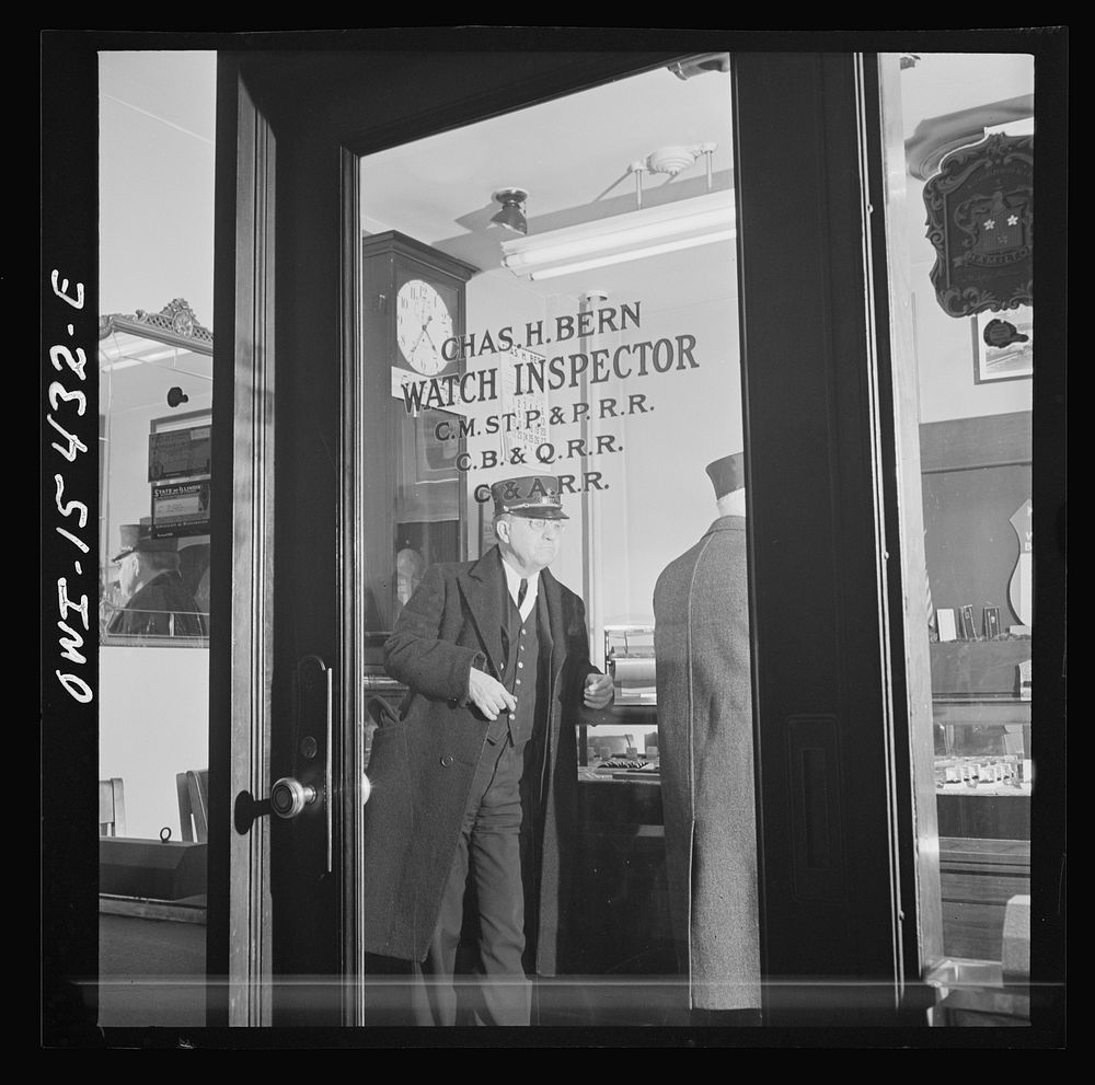 Chicago, Illinois. Railroad men have their watches inspected periodically at the watch inspector's office in the Union…