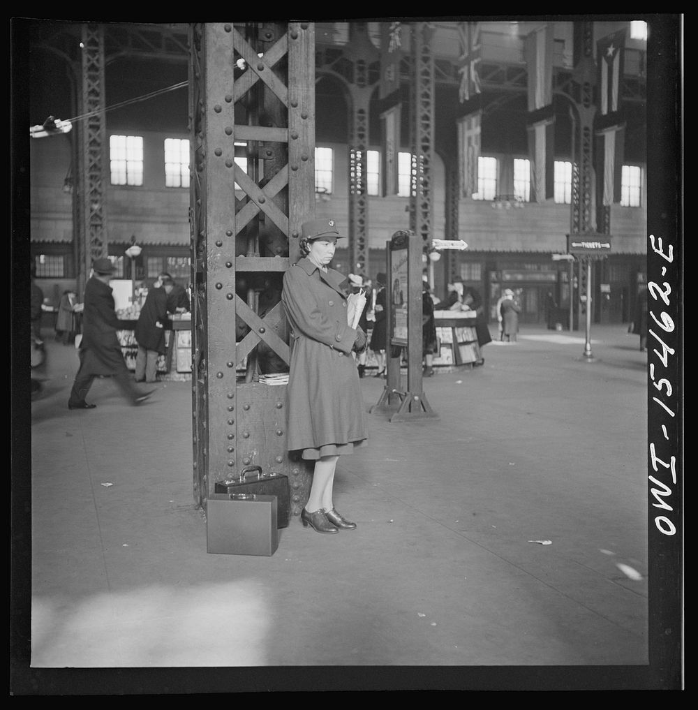 Chicago, Illinois. Member of the Women's Army Auxiliary Corps waiting for a train in Union Station. Sourced from the Library…