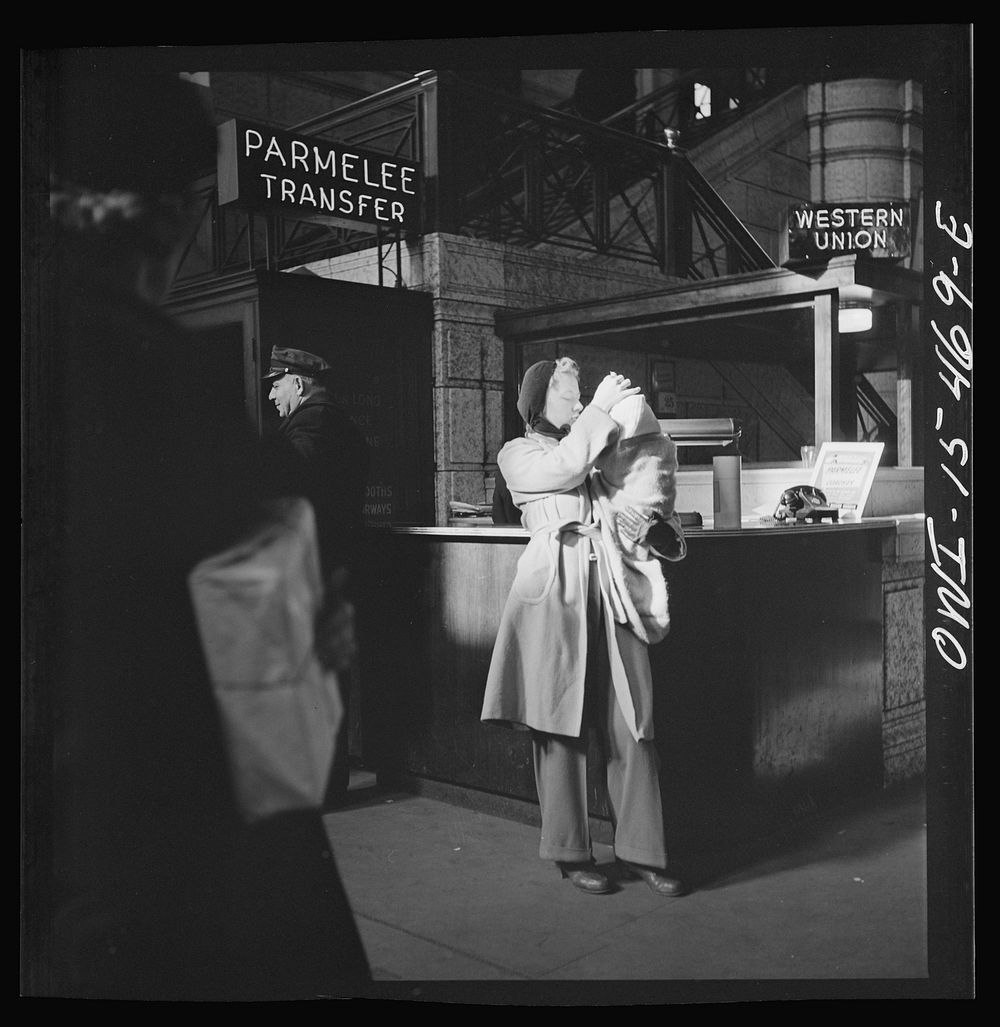 [Untitled photo, possibly related to: Chicago, Illinois. Waiting for a train in the concourse of the Union Station. Parmelee…
