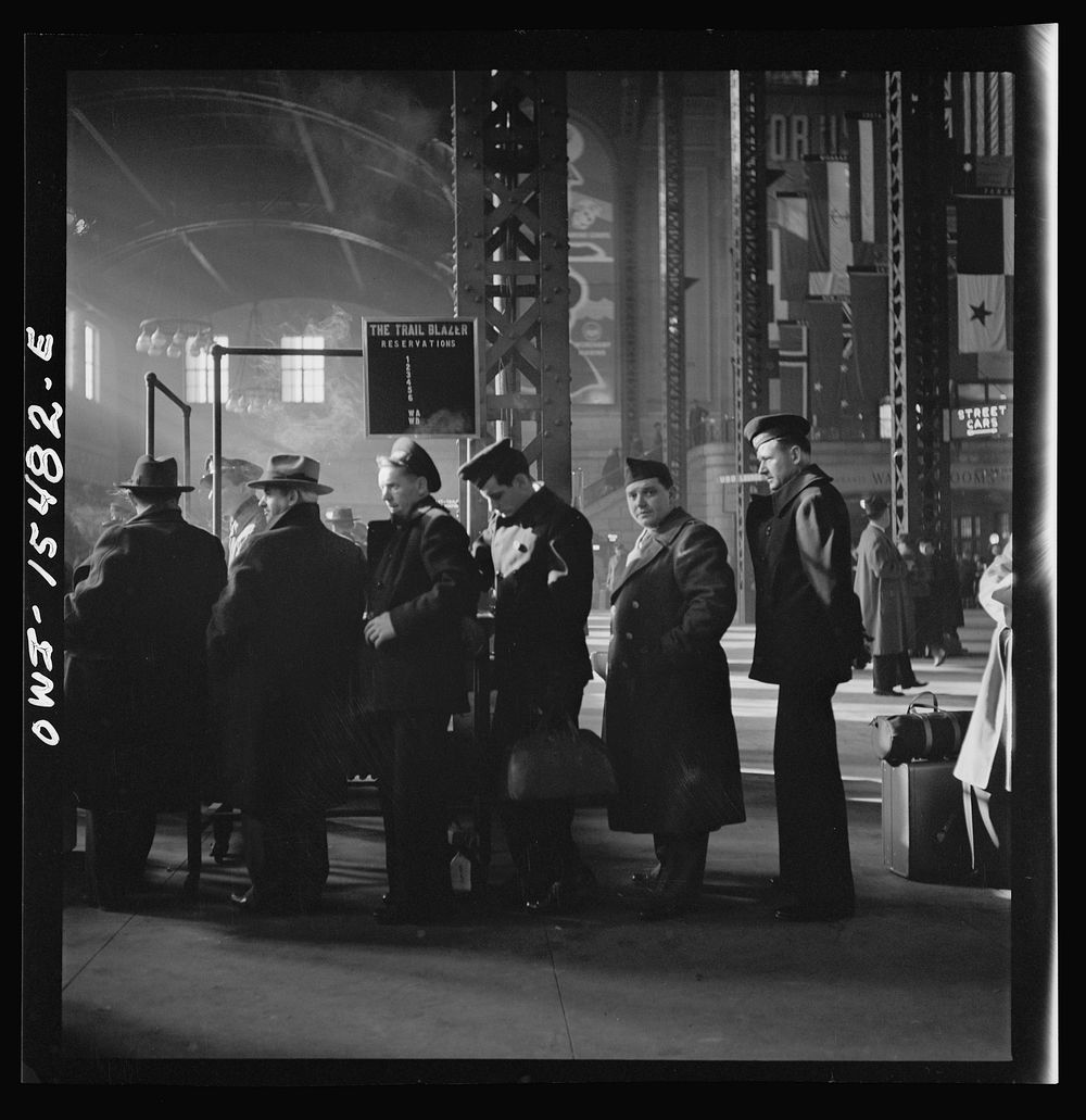 Chicago, Illinois. Lining up for train reservations in the concourse at the Union Station. Sourced from the Library of…