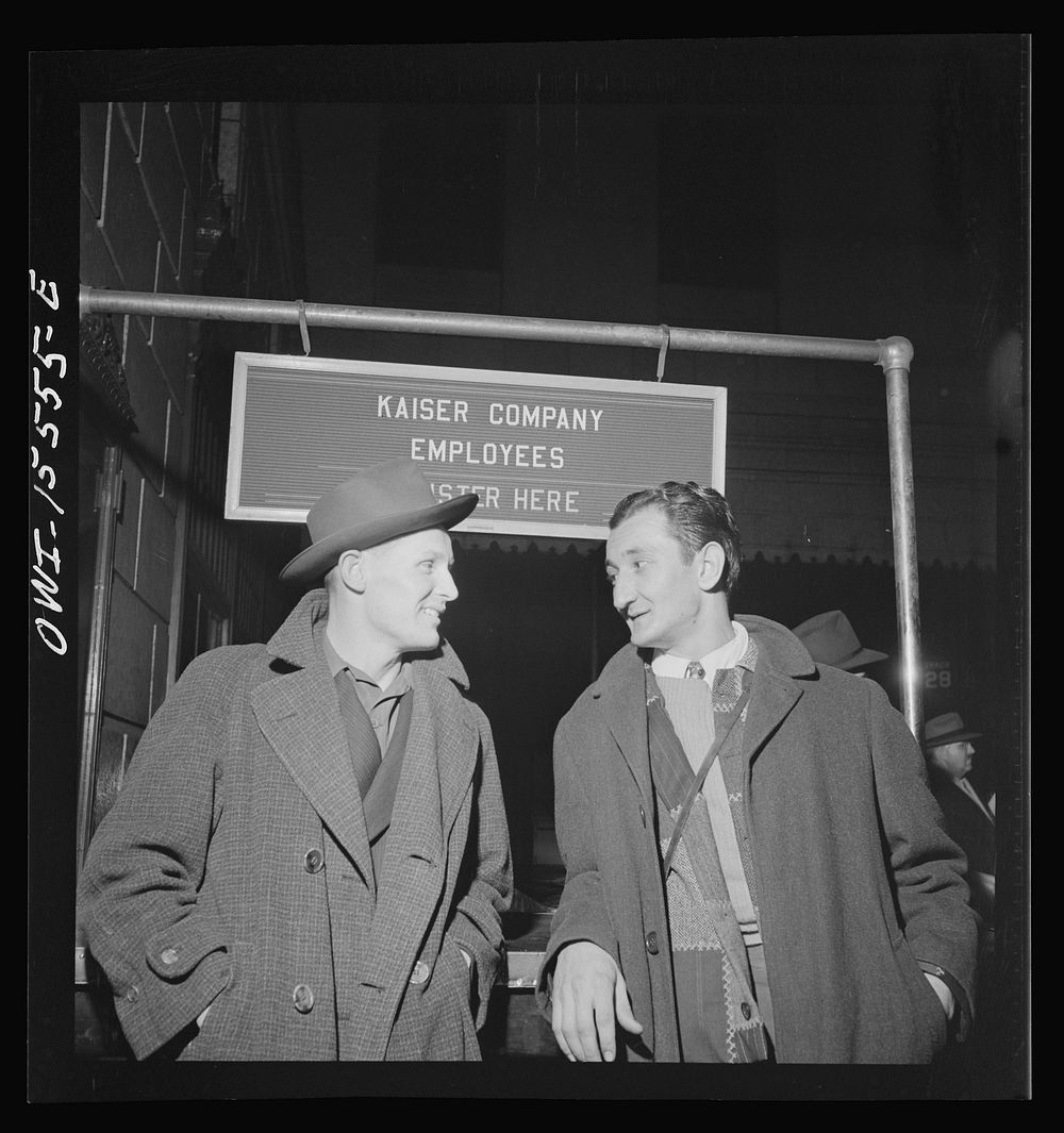Chicago, Illinois. Leo J. Spiller, left, and Charles E. Armstrong, welders from Marion, Illinois, leaving to work at the…