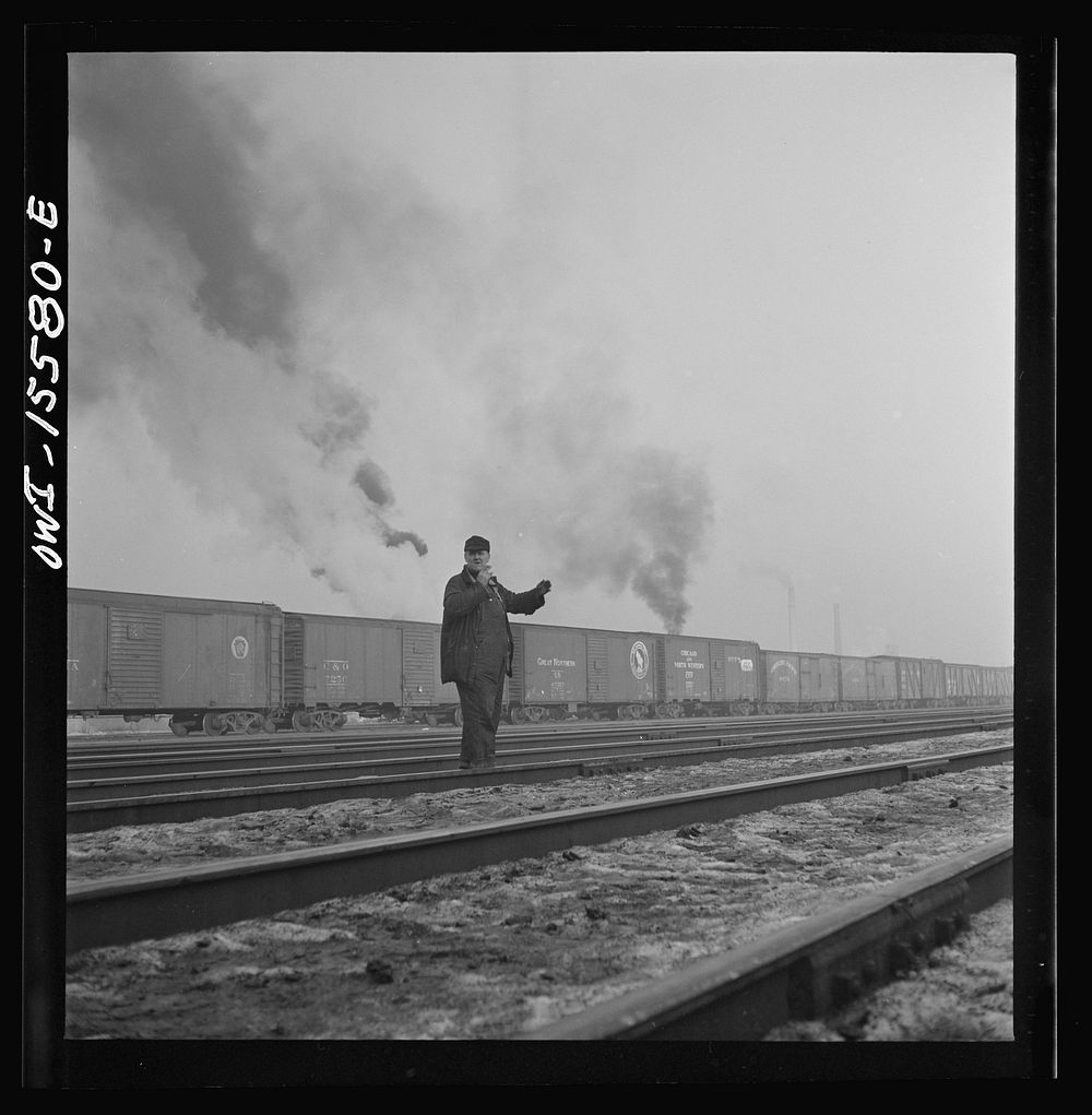 Calumet City, Illinois. Switchmen at Calumet City yard of the Indiana Harbor Belt Railroad. Sourced from the Library of…