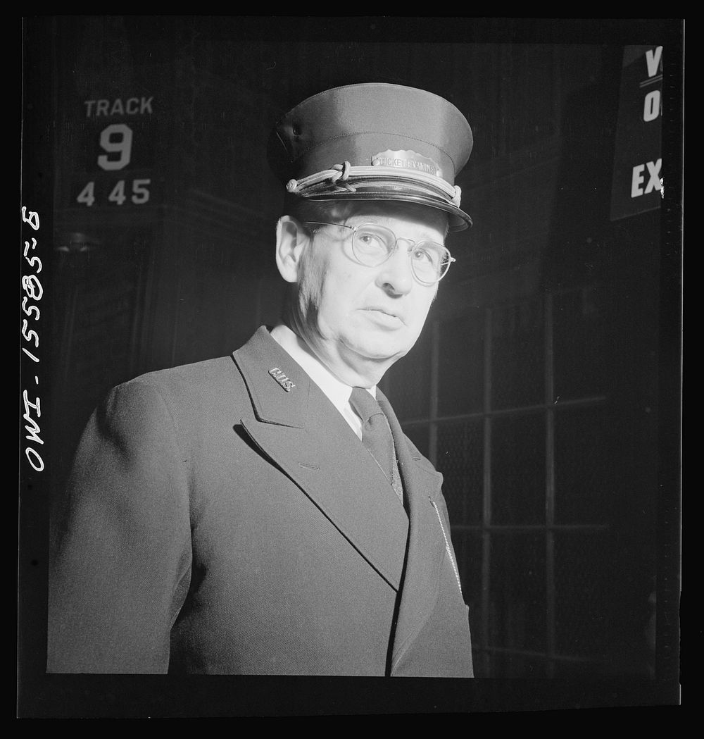 Chicago, Illinois. Mr. J. Gallop of Berwyn, Illinois, ticket examiner at the Union Station. Sourced from the Library of…