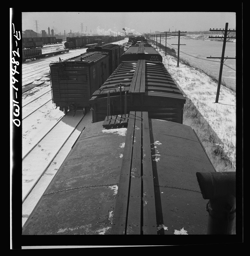 Joliet, Illinois. Stopping for coal, water and inspection along the Atchison, Topeka, and Sant Fe Railroad between Chicago…