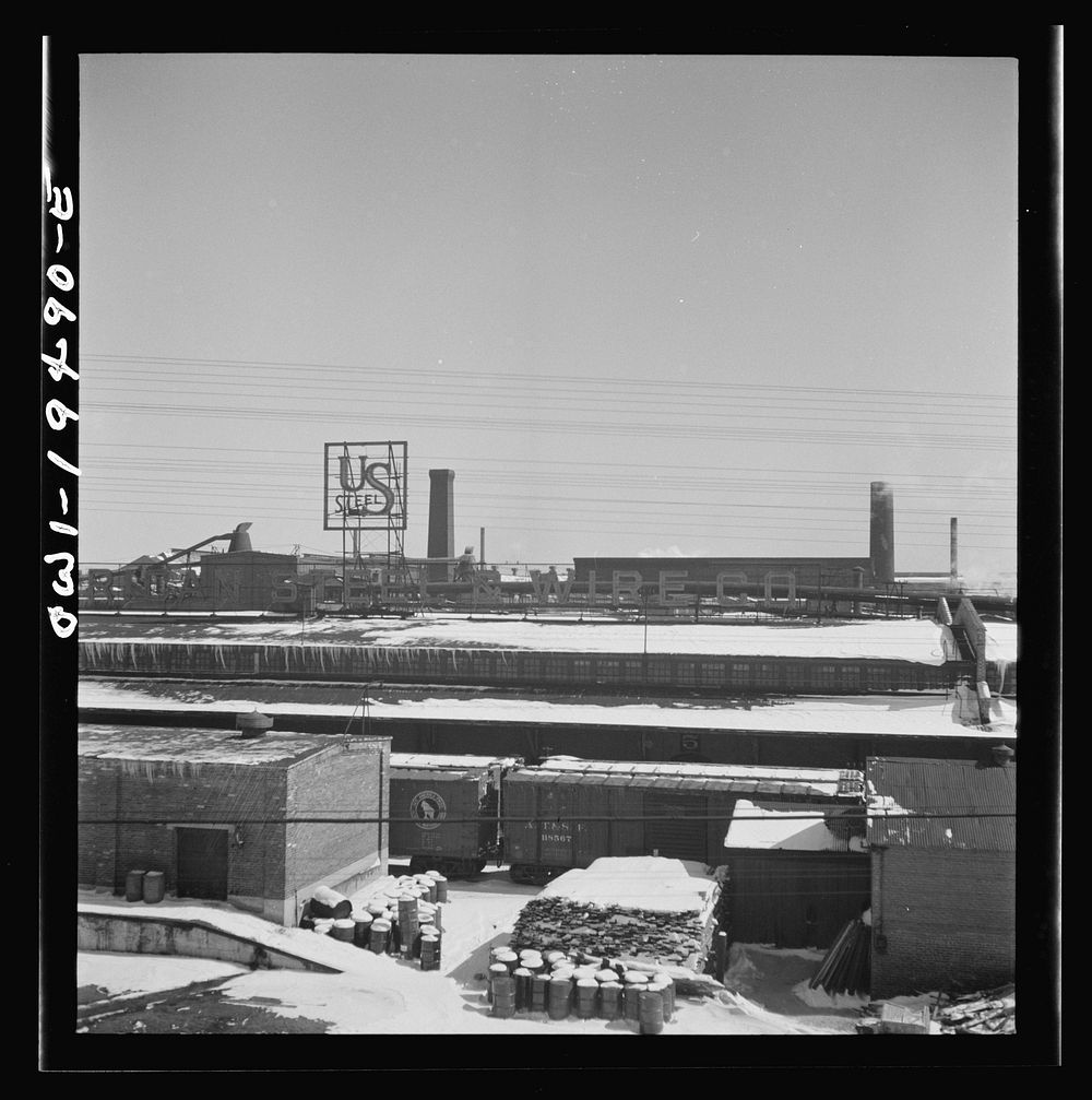 Joliet, Illinois. Passing the wire mill of the United States Steel Company along the Atchison, Topeka, and Santa Fe Railroad…