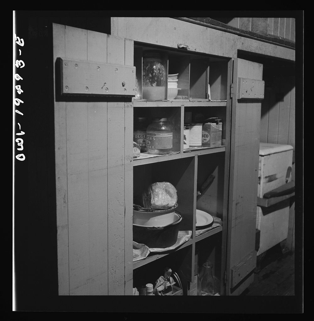 A pantry in the caboose of a train on the Atchison, Topeka, and Santa Fe Railroad between Chicago and Chillicothe, Illinois.…