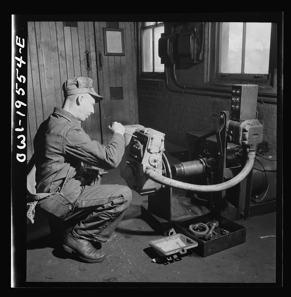 Fort Madison, Iowa. In the train control room at the Shopton shops of the Atchison, Topeka and Santa Fe Railroad. Testing…