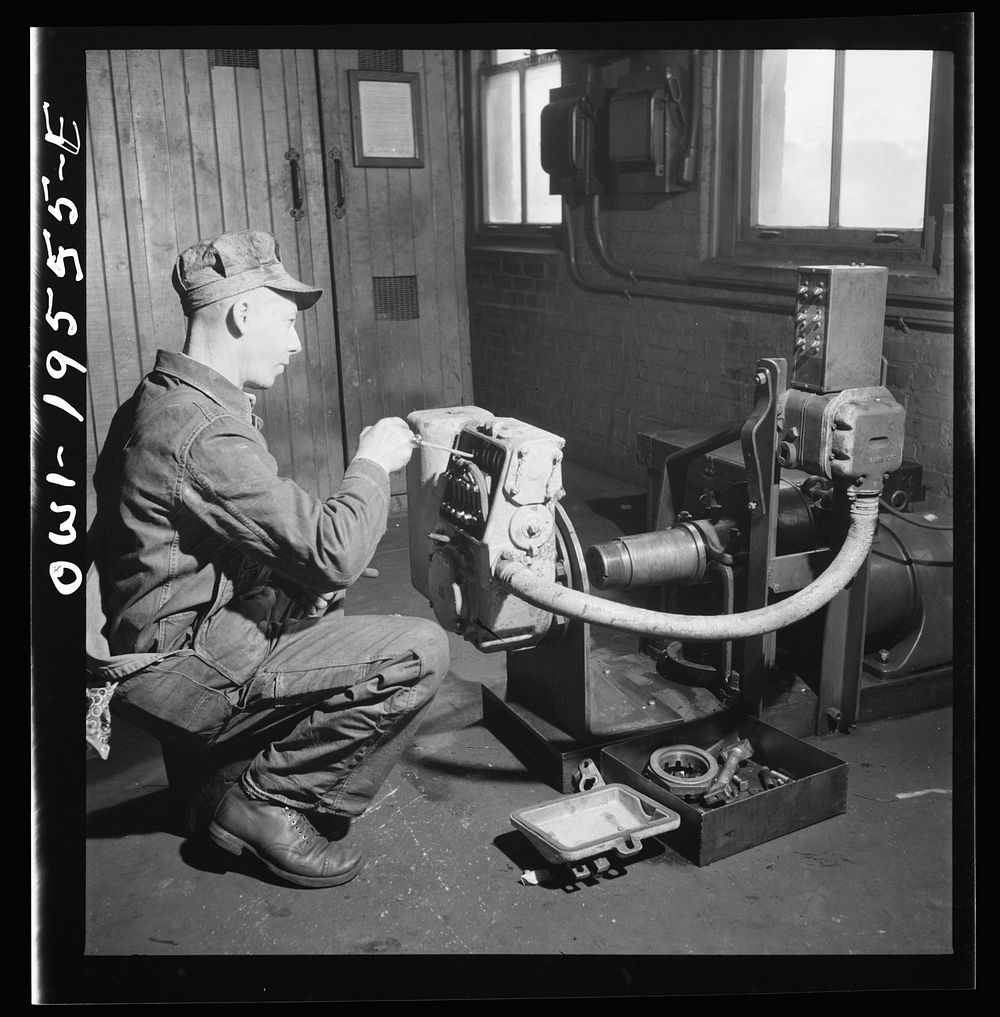 [Untitled photo, possibly related to: Fort Madison, Iowa. In the train control room at the Shopton shops of the Atchison…