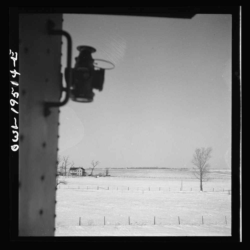 Toluca (vicinity), Illinois. Farm landscape along the Atchison, Topeka and Santa Fe Railroad between Chicago and…