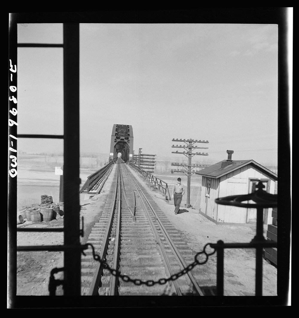 A guard stationed at Sibley bridge across the Missouri river along the route of the Atchison, Topeka, and Santa Fe Railroad…
