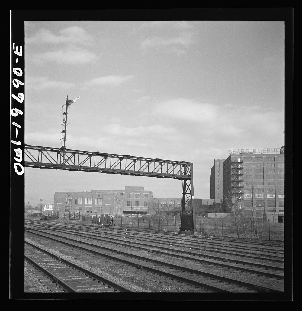 [Untitled photo, possibly related to: Kansas City, Missouri. Atchison, Topeka, and Santa Fe Railroad tracks, approaching…