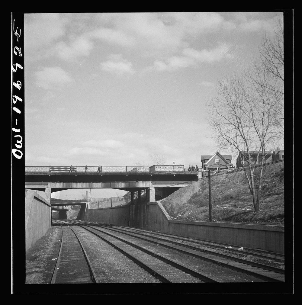 Kansas City, Missouri. Atchison, Topeka, and Santa Fe Railroad tracks, going through Kansas City. Sourced from the Library…