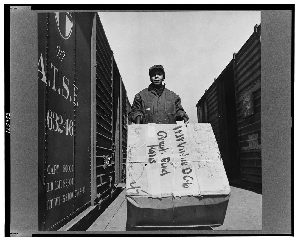 Kansas City, Missouri. Hortense W. Thompson, one of several women freight handlers employed at the Atchison, Topeka, and…