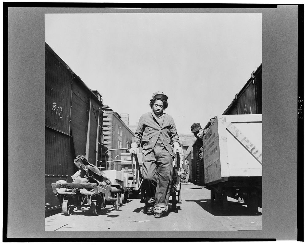 Kansas City, Missouri. Mildred Williams, one of several women freight handlers employed at the Atchison, Topeka, and Santa…