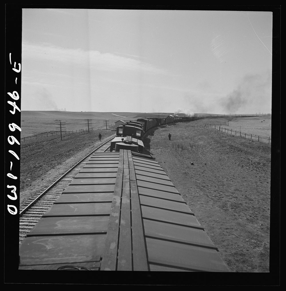 Hoover, Texas. An Atchison, Topeka, and Santa Fe train stopping to let an east-bound freight go by between Canadian and…