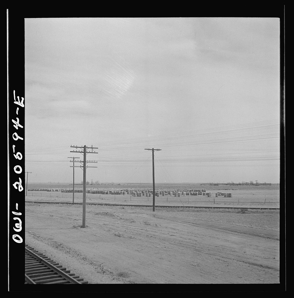 [Untitled photo, possibly related to: Farwell, Texas. Bales of cotton at a warehouse and gin along the Atchison, Topeka and…