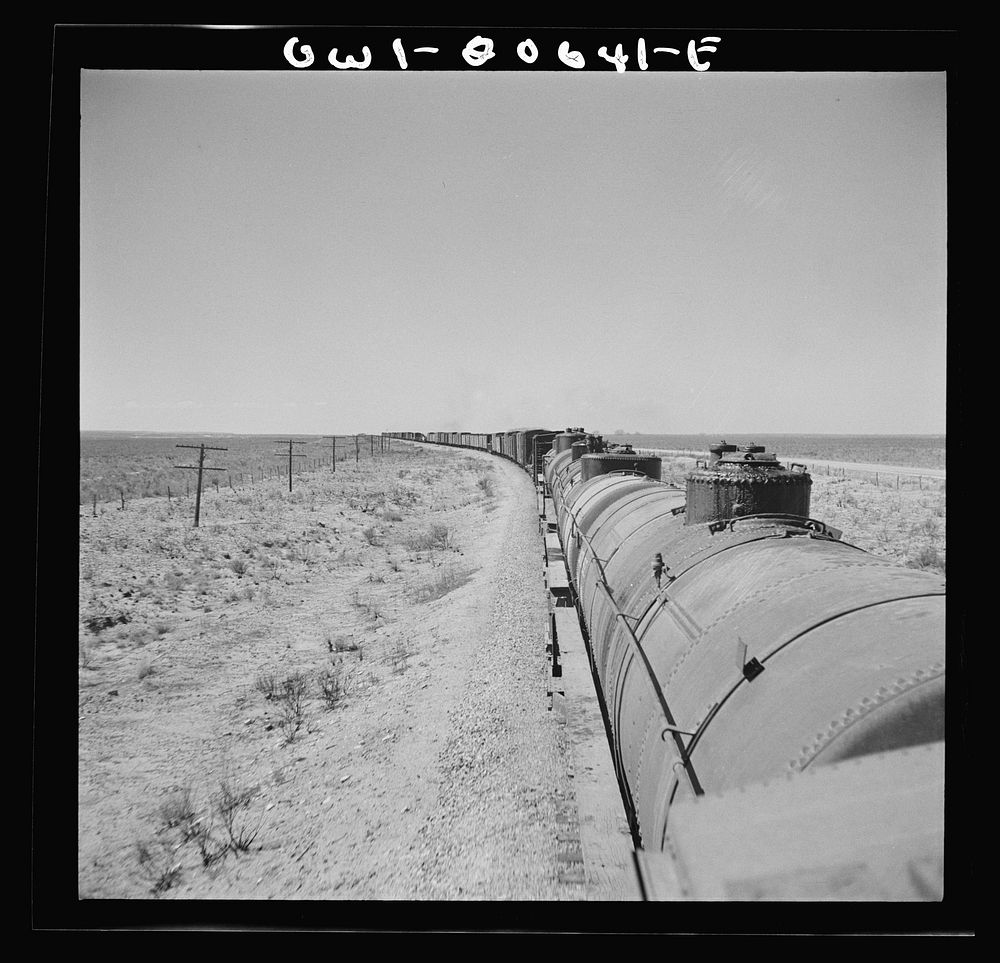 [Untitled photo, possibly related to: Melrose, New Mexico. Pulling out of the town on the Atchison, Topeka, and Santa Fe…