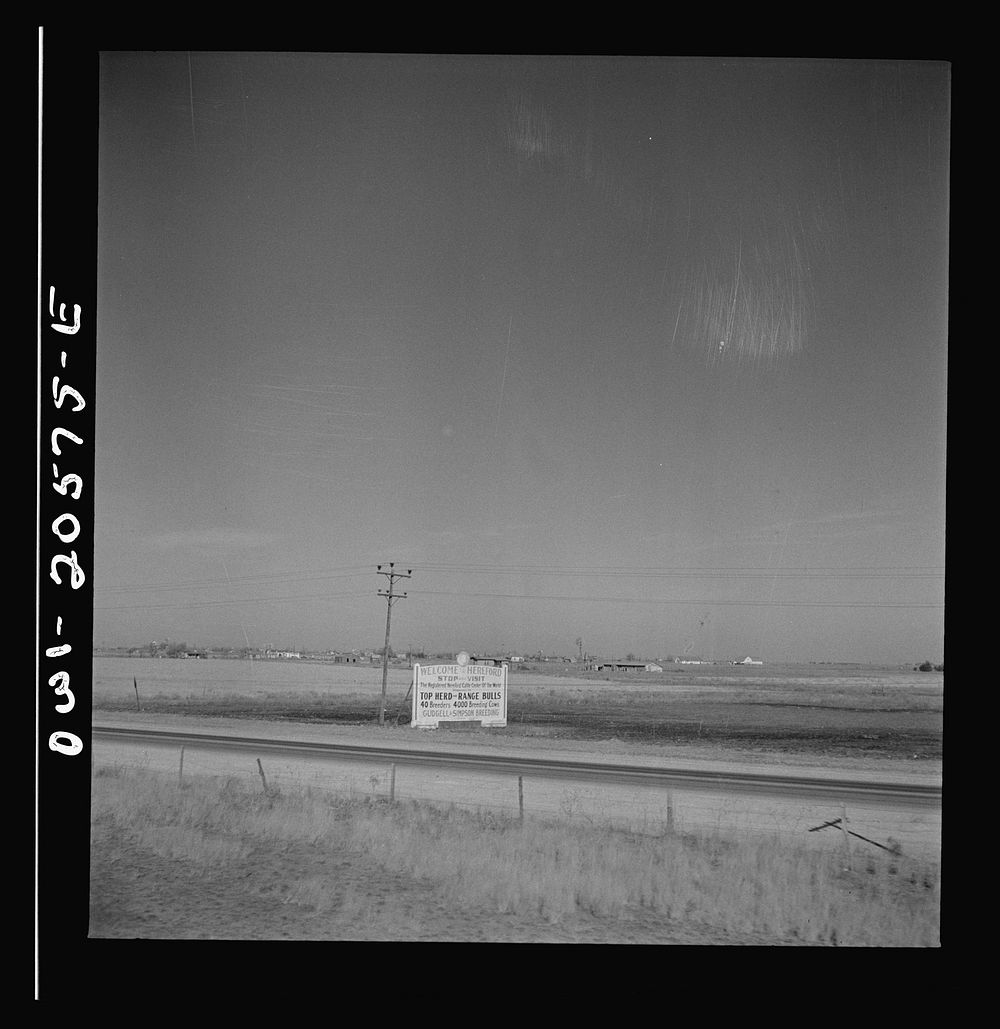Hereford, Texas. Approaching the town on the Atchison, Topeka, and Santa Fe Railroad between Amarillo, Texas and Clovis, New…