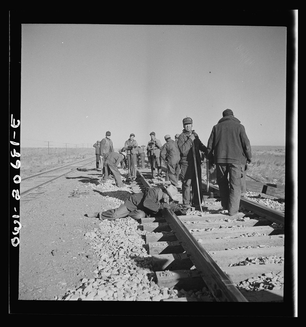 Iden, New Mexico. Section gang raising, surfacing and gauging the track in the Atchison, Topeka and Santa Fe Railroad…