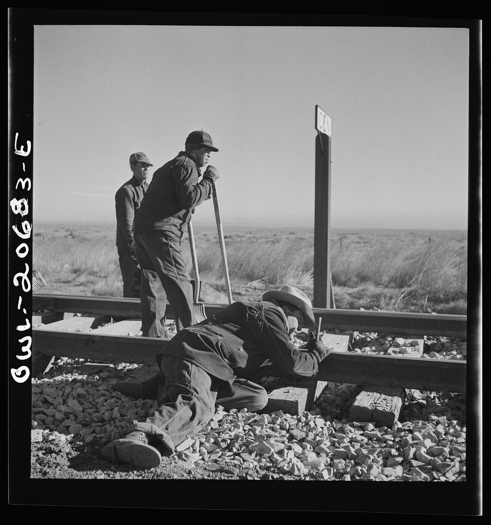 Iden, New Mexico. Section gang raising, surfacing and gauging the track in the Atchison, Topeka and Santa Fe Railroad yard.…