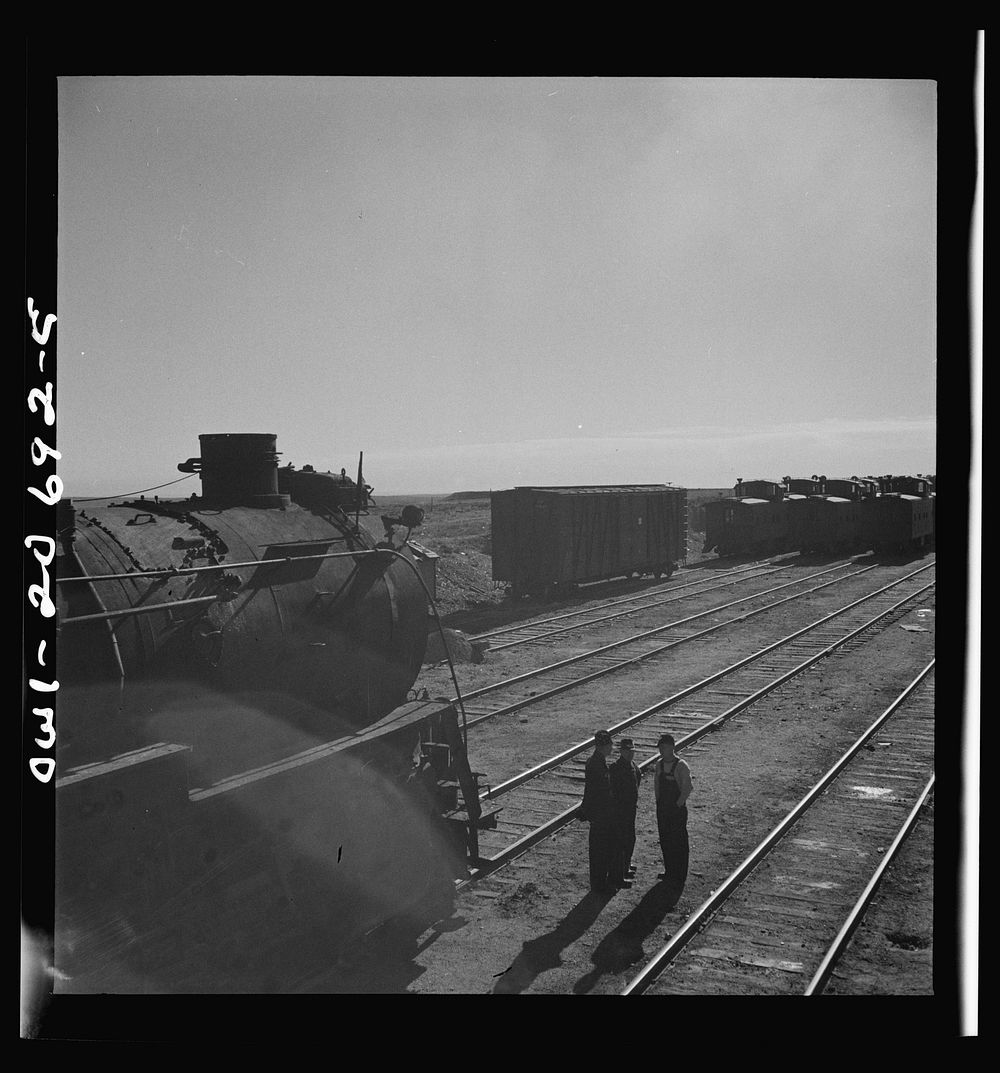[Untitled photo, possibly related to: Vaughn, New Mexico. Easternbound train about to leave the Atchison, Topeka and Santa…