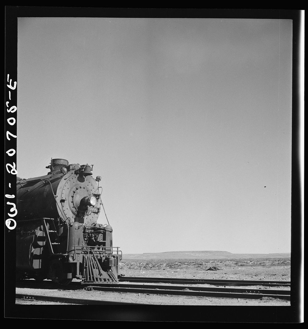 Vaughn, New Mexico. Eastbound locomotive on the Atchison, Topeka and Santa Fe Railroad ready to leave for Clovis, New…