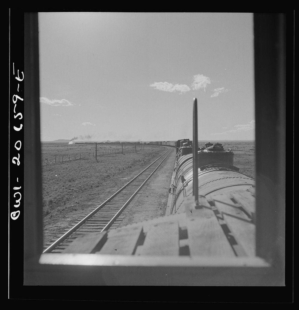Yeso, New Mexico. Rounding a curve along the Atchison, Topeka, and Santa Fe Railroad between Clovis and Vaughn, New Mexico.…
