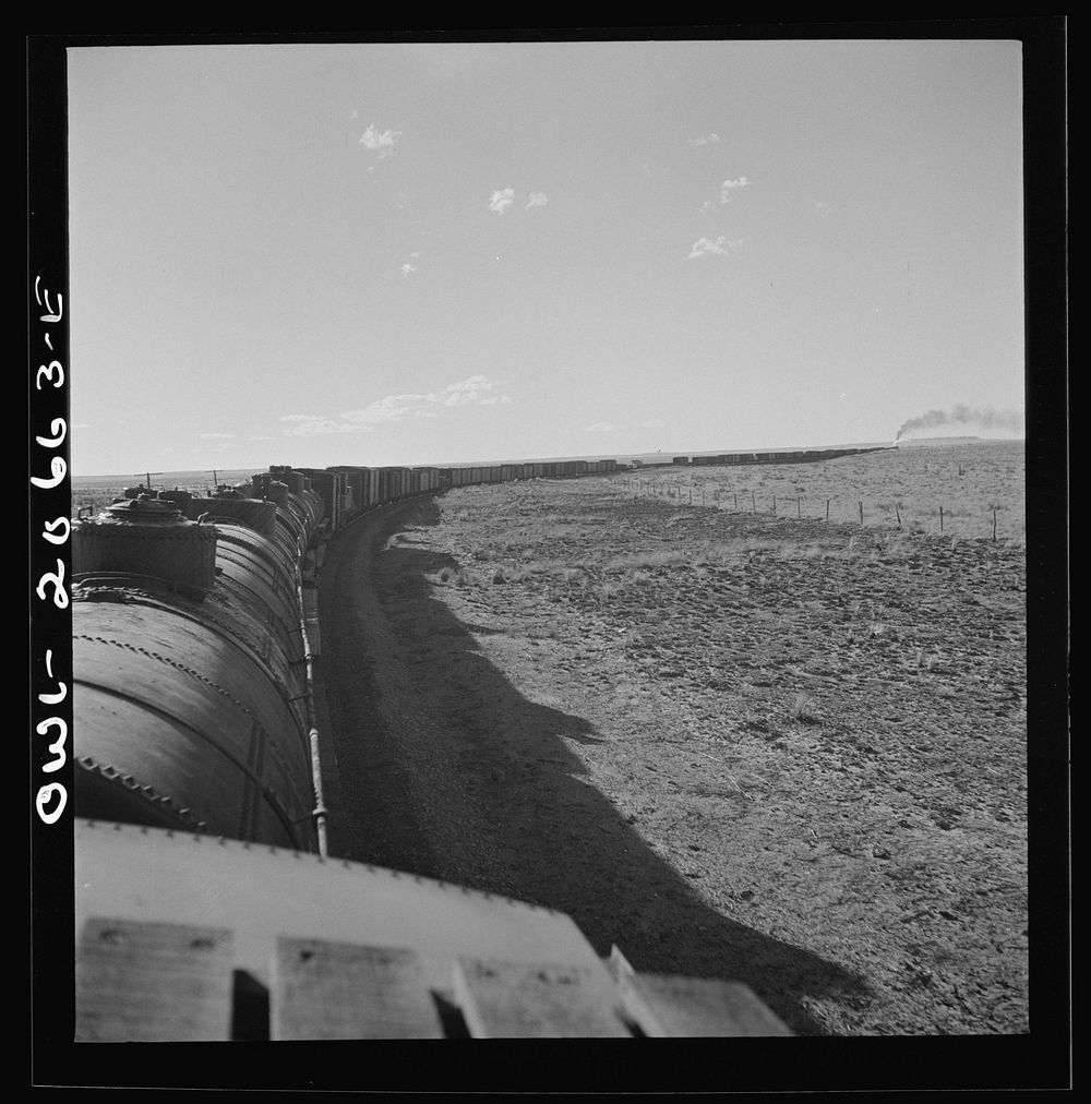 [Untitled photo, possibly related to: Buchanan, New Mexico. Rounding a long curve approaching the town along the Atchison…