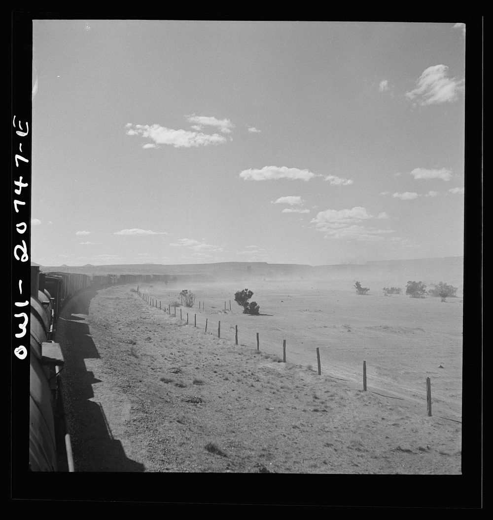 Abo, New Mexico. Train stopping along the Atchison, Topeka and Santa Fe Railroad between Vaughn and Belen, New Mexico.…