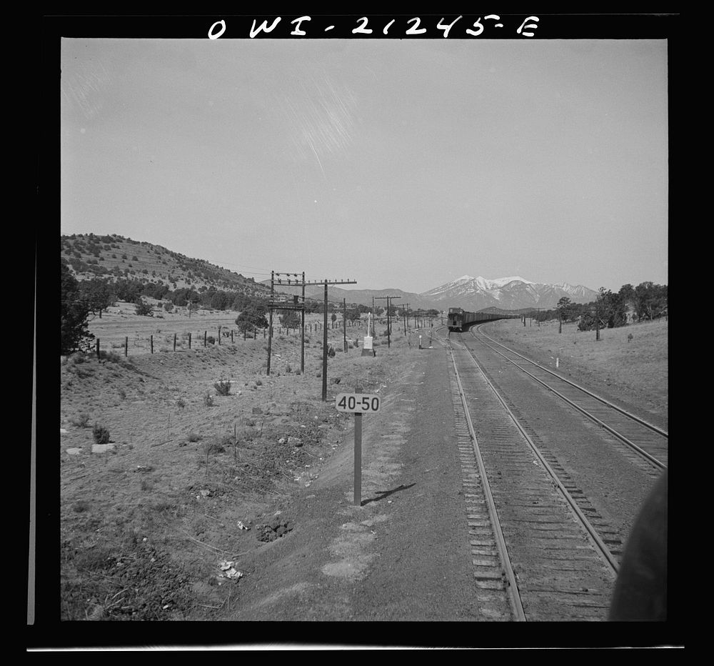 [Untitled photo, possibly related to: Winona, Arizona. Passing another freight train in a siding along the Atchison, Topeka…